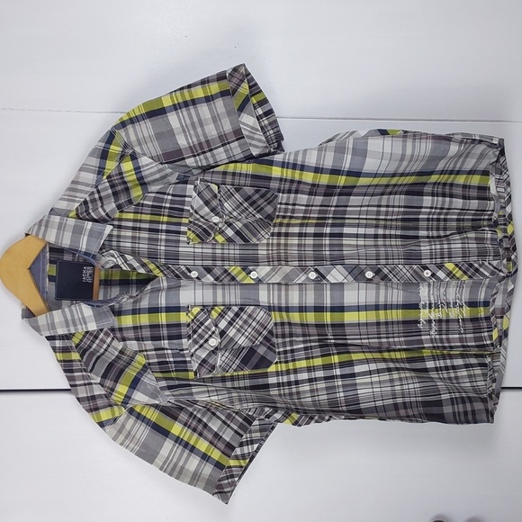 Jack & Jones Gray/Yellow Plaid Shirt Pockets Buttondown Short sleeve Preppy S.XL - Picture 1 of 7